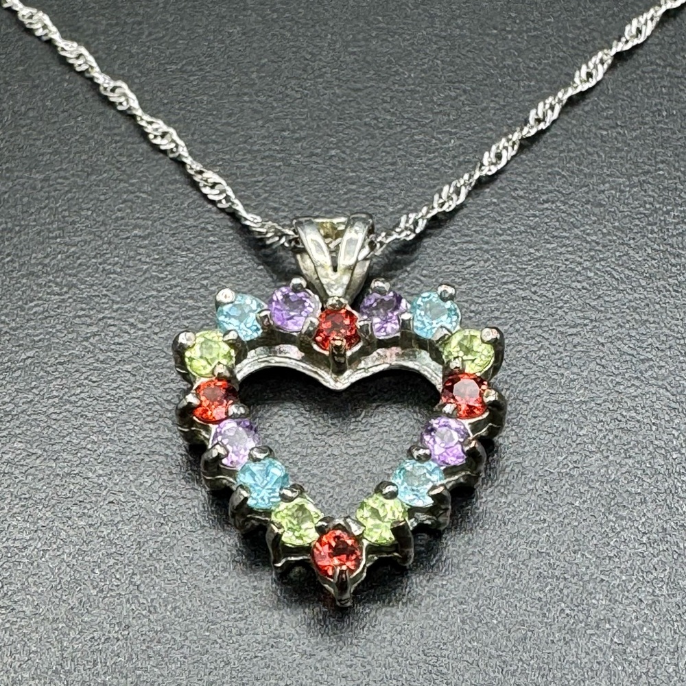 925 Sterling Silver Singapore Chain Multi-stone Heart Pendant Necklace